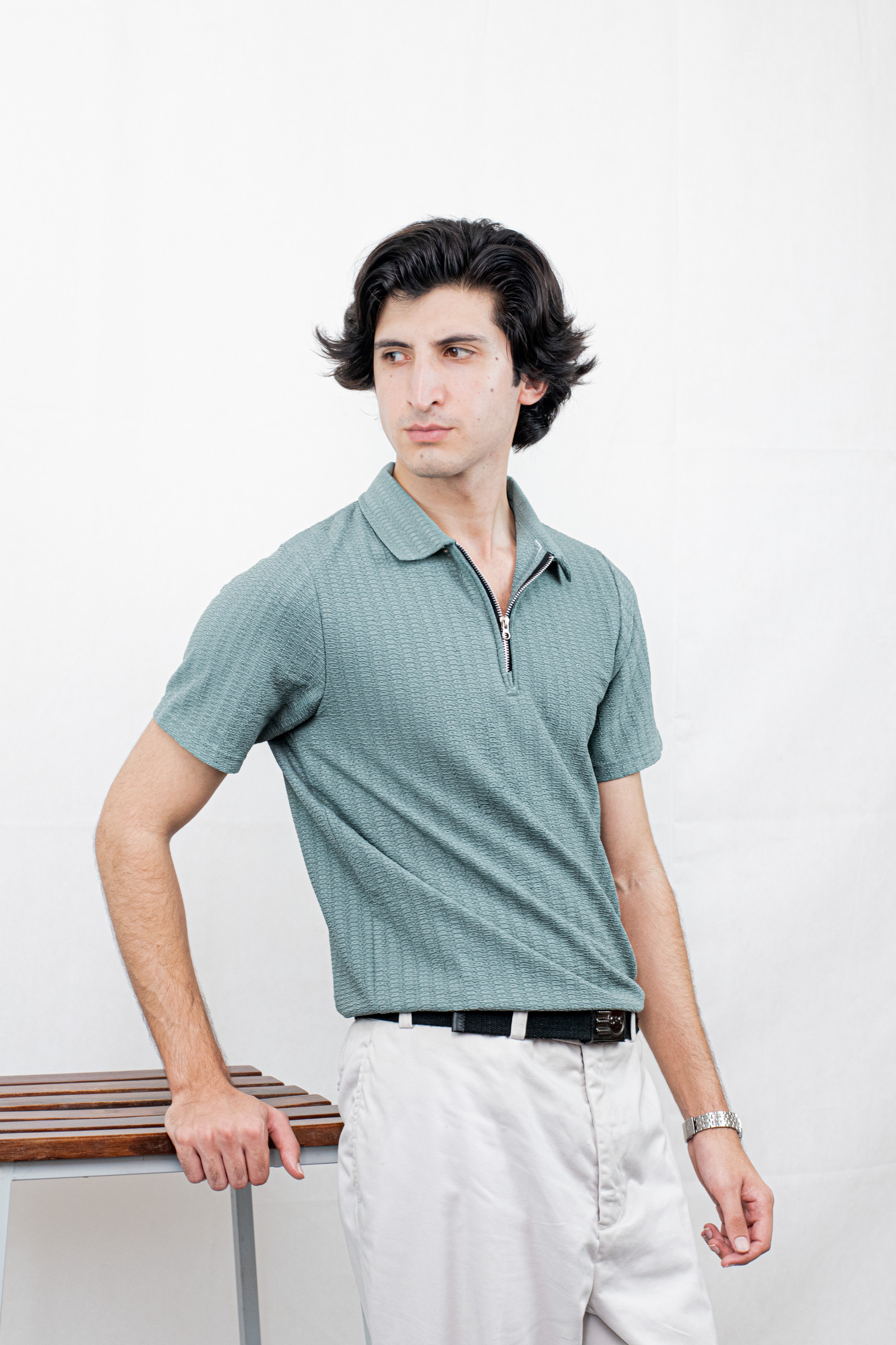 SAGE GREEN ZIPPER POLO